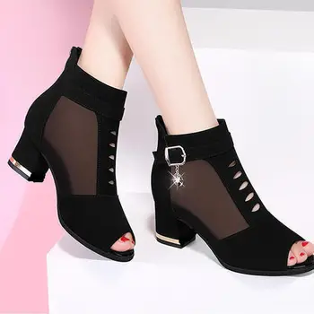 New Peep Toe Sandals Boots, Women PU Leather Summer Mesh Shoes 1