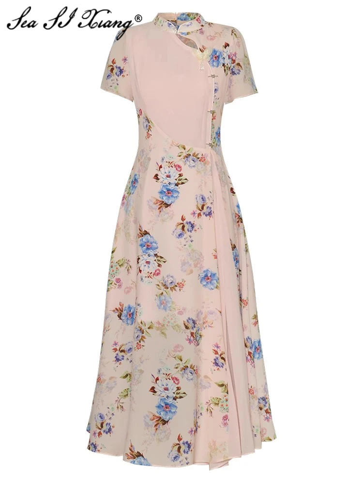 

Seasixiang Fashion Summer Chinese Style Dress Women's Stand Collar Short Sleeve Butterfly Beading Flower Print Vintage Dresses