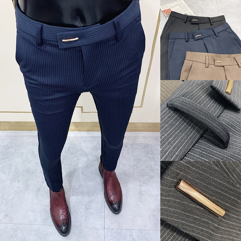 Men Striped Suit Pants Elegant Skinny Fit Office Business Slim Fit Dress Ankle Trousers stretch pants business pants suit pants men pants