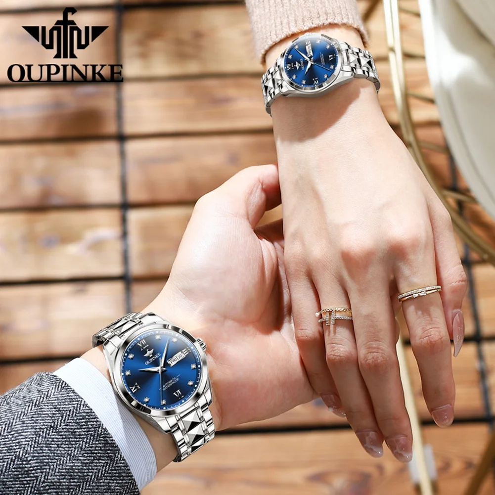 OUPINKE 3262 Mechanical Couple Watch Fashion Business Dual Calendar Deep Waterproof Wristwatch Stainless Steel Luxury Watches