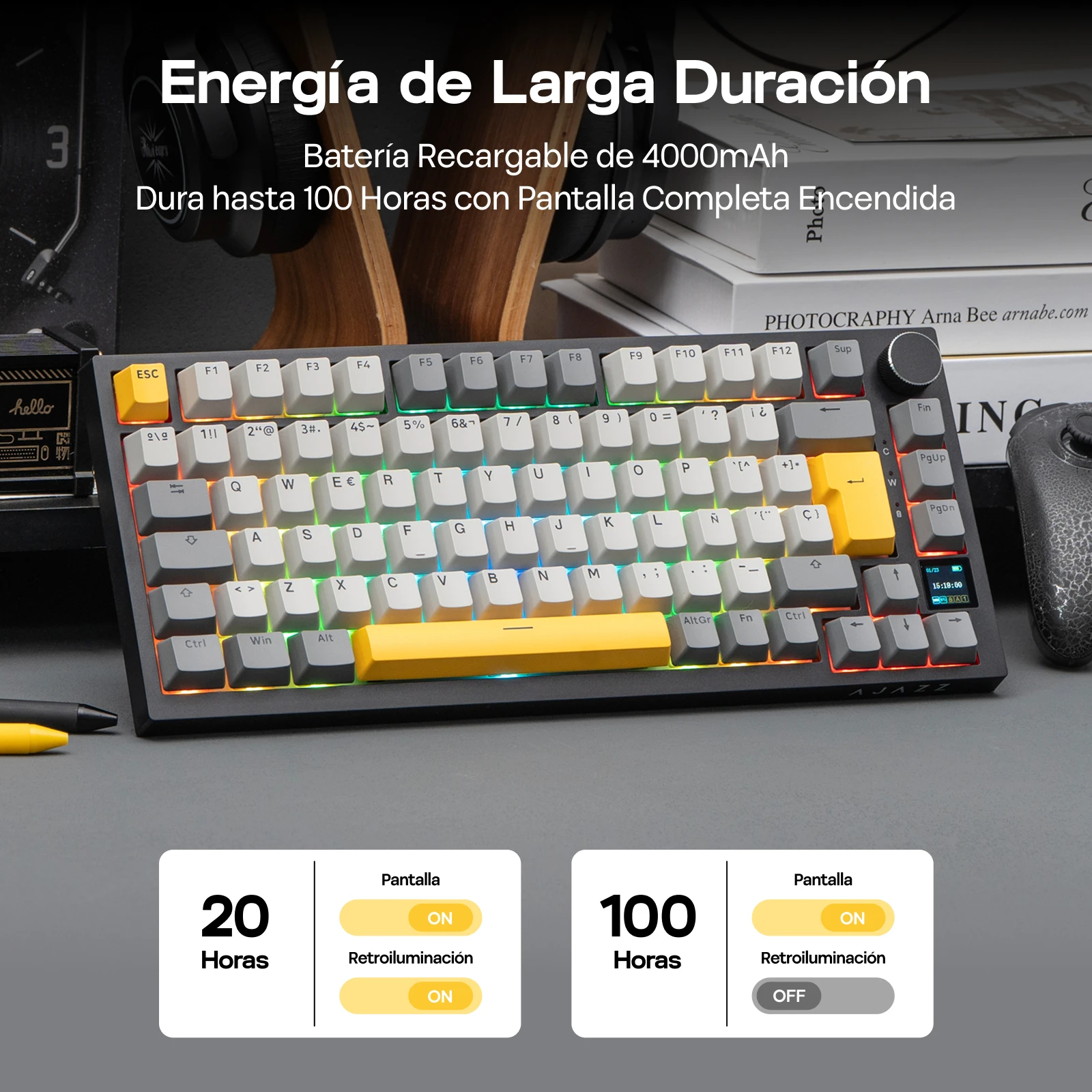 ISO-ES 레이아웃 EPOMAKER X AJAZZ AK820 PRO 75% 스페인어 레이아웃 유선/2.4GHz/BT 기계식 키보드 (스크린 및 노브 포함) PC/Mac용