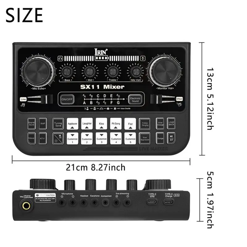 IRIN SX11 DJ 믹서용 호환 라이브 사운드 카드, LED 스크린, 3세그먼트 이퀄라이저, 3.5mm TRRS 인터페이스 포트 탑재