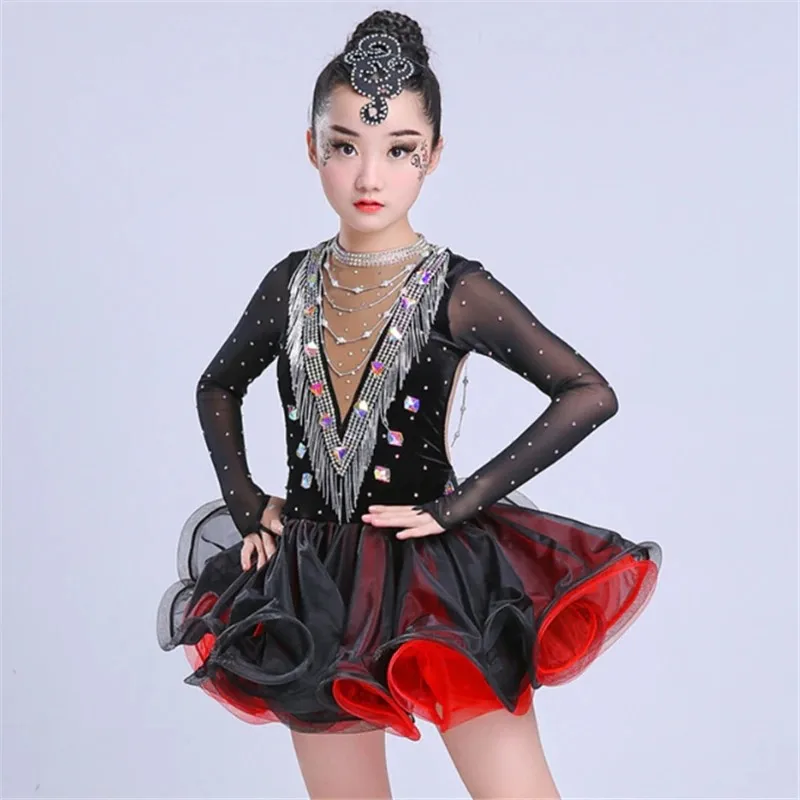 

Latin Dance Dress Girl Competition Black Red Girls Kids Professional Latin Dance Clothes Salsa Costume Backless Tango Dresses