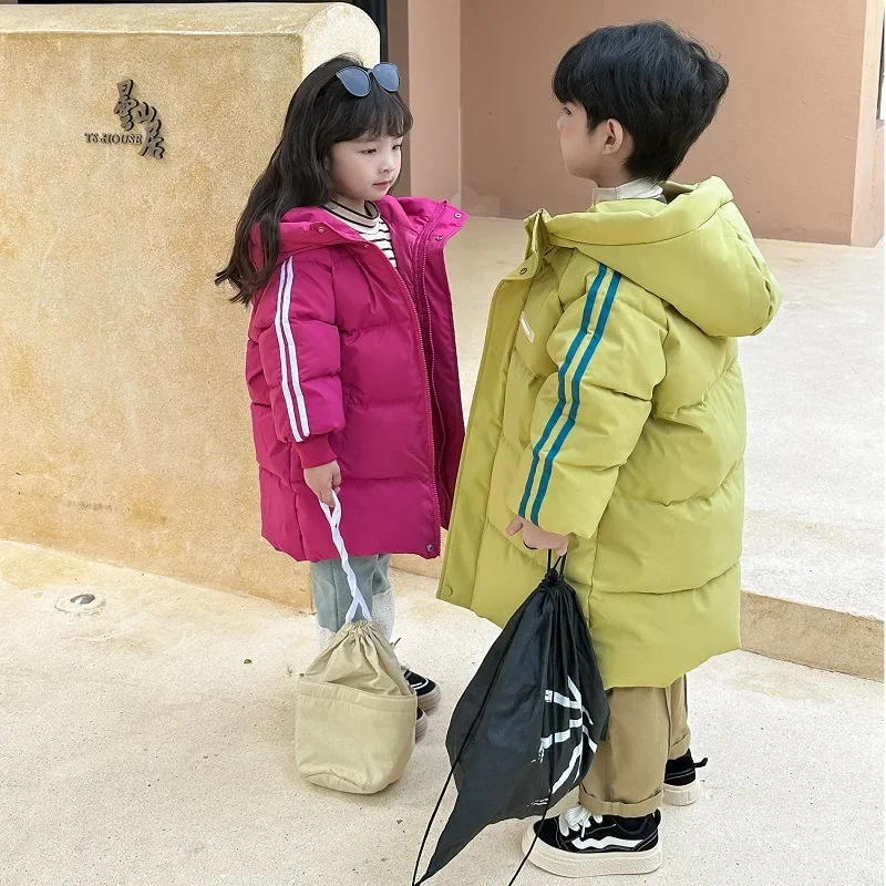 

3-8Y Winter Korean Children X-Long Style Down Cotton Padded Jackets Baby Boys Girls Zipper Hooded Outwear Kids Thick Warm Parkas