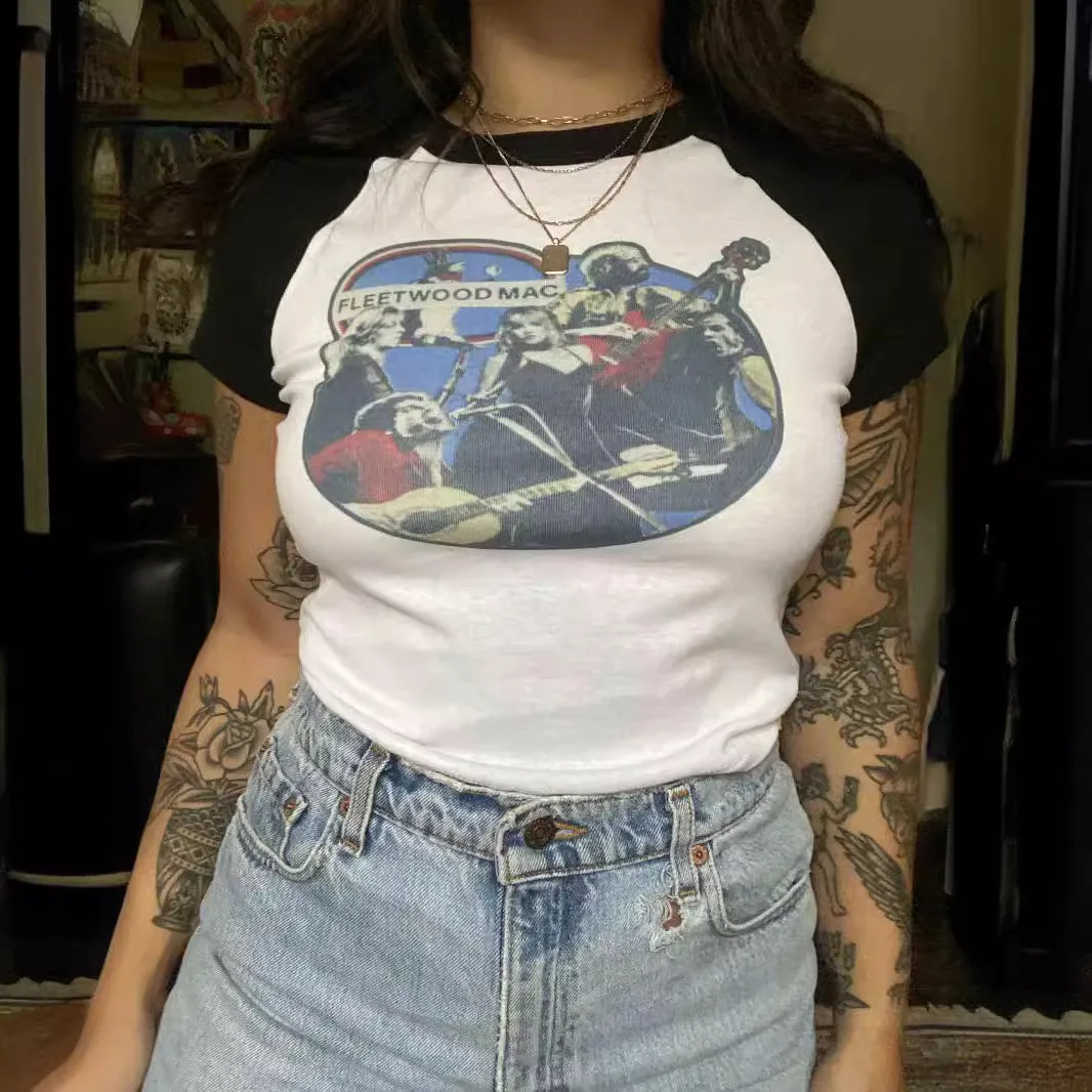 

Y2k, пуловер с круглым вырезом, футболка с коротким рукавом и принтом, летняя уличная одежда, облегающий топ с винтажным рисунком для повседневной носки