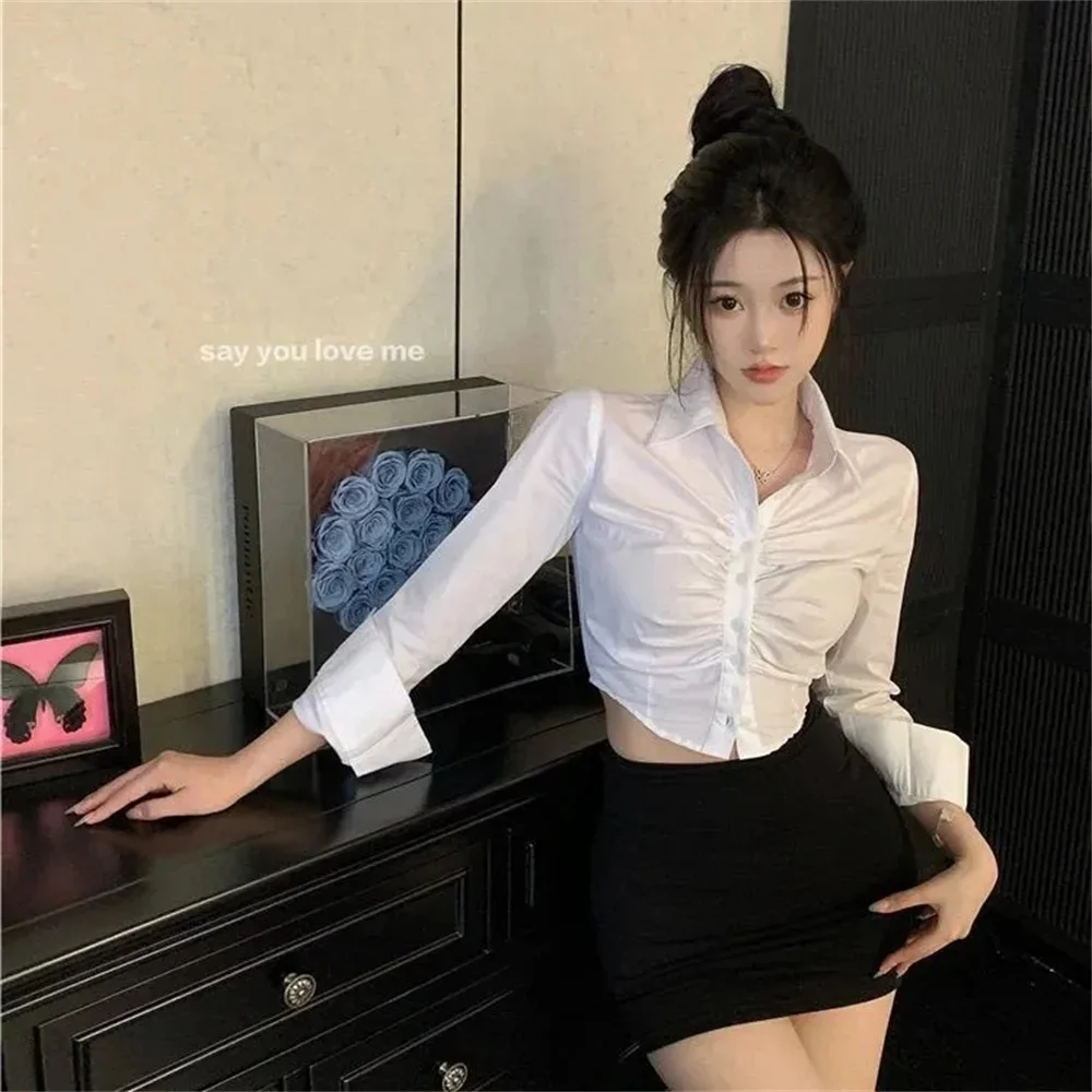 

Korean Fashion 2023 New Design Chic Ins Long Sleeve Women's White Blouse Ruched Slim Short Shirt Pure Desire Crop Top