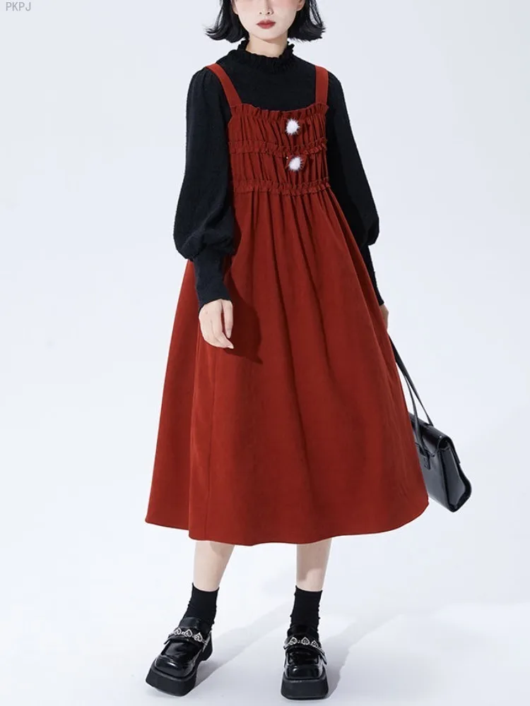 

Christmas Red Kawaii Two-piece Set Women Japanese Sweet Dress Suit Warm Winter 2024 Korean Sweet Blouse + Vintage Strap Dress
