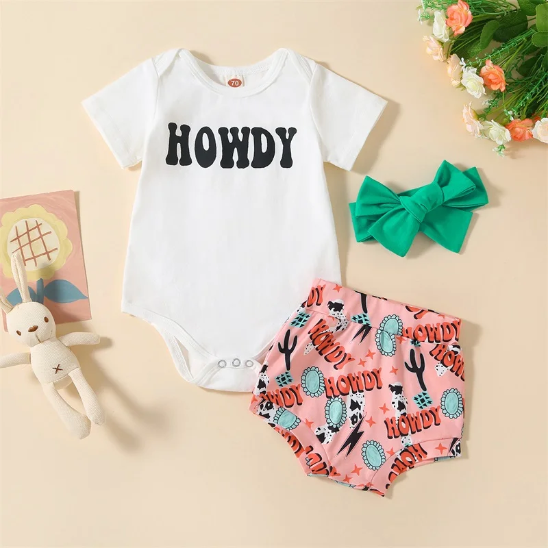 

2023-03-23 Lioraitiin 0-18M Newborn Baby Girl 3Pcs Clothes Letter Print Short Sleeve Crew Neck Romper Cow/Cowboy Print Shorts