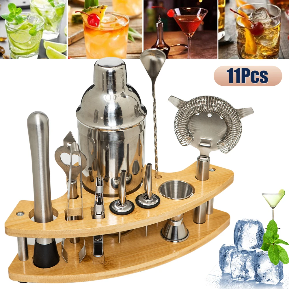 

11Pcs Cocktail Shaker Set Stainless Steel Bartender Kit Drink Mixer Set with 750ml Boston Shaker Jigger Skimmer Spoon Wood Stand