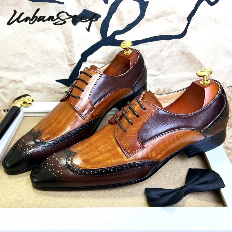 Men Leather Shoes Lace Up Pointed Toe Brogues Oxford for Wedding Office
