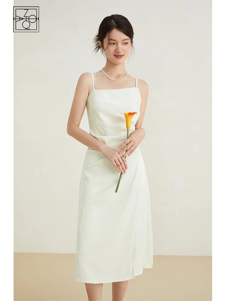 

ZIQIAO Elegant White Slim Pleated Waist Suspender Dress Female Summer New High-end Irregular Neck Wedding Wearable Dress Women