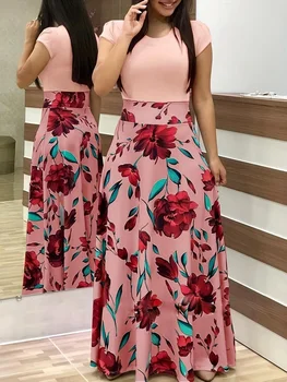 2025 European and American style flower print color matching short sleeved dress for women's large swing skirt 1