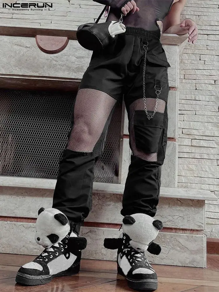 

INCERUN 2023 Fashion Casual Style Men's Chain Design Pantalons Sexy Male See-through Mesh Stitching Elastic Waist Trousers S-5XL