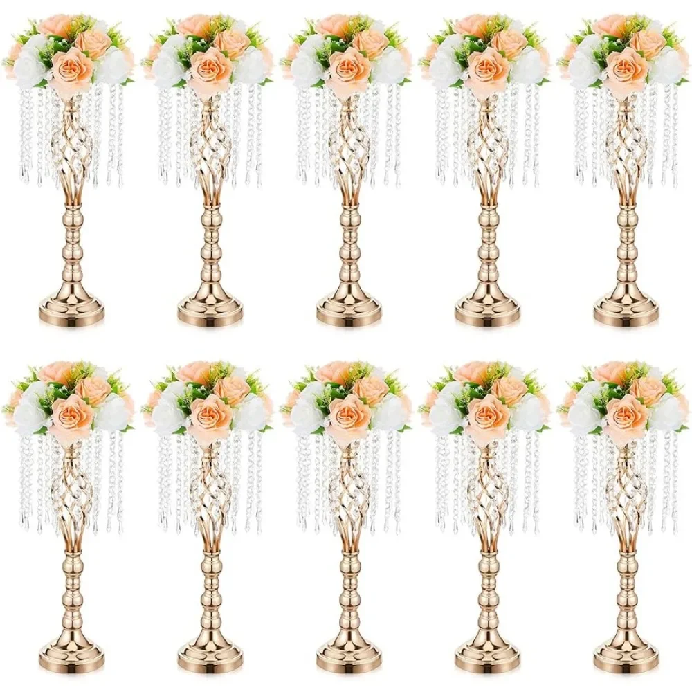 

Gold Crystal Wedding Centerpieces 10 Pcs,21.7 Inches for Tables With Metal Chandelier Holder Stand Home Decorations Vase Decor