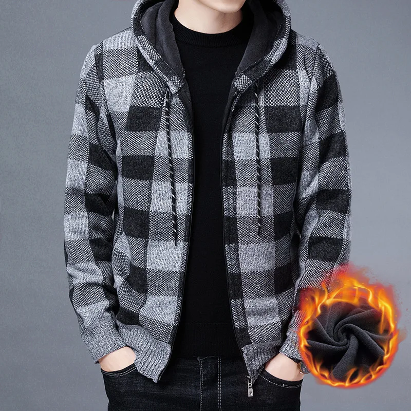 

Y2K Streetwear Mens Autumn Winter Cardigan Knitted Hooded Sweater Man Plaid Zip Up Sweater Jackets Coats Blusa De Frio Masculino