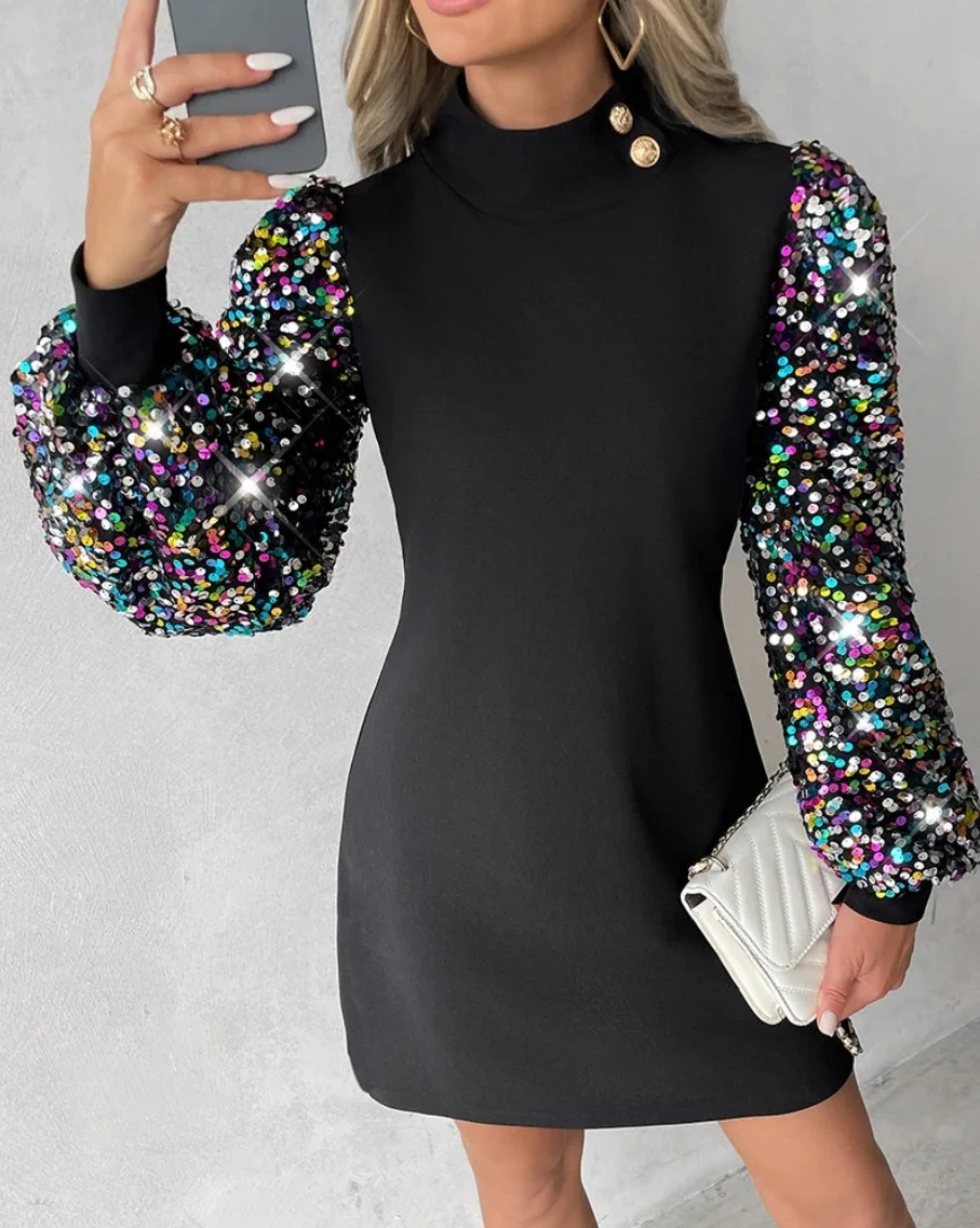 

Fashion Sequin Long Sleeved Round Neck Button Up Solid Women Dress 2024 Spring Elegant Vacation Style Vestidos Vintage