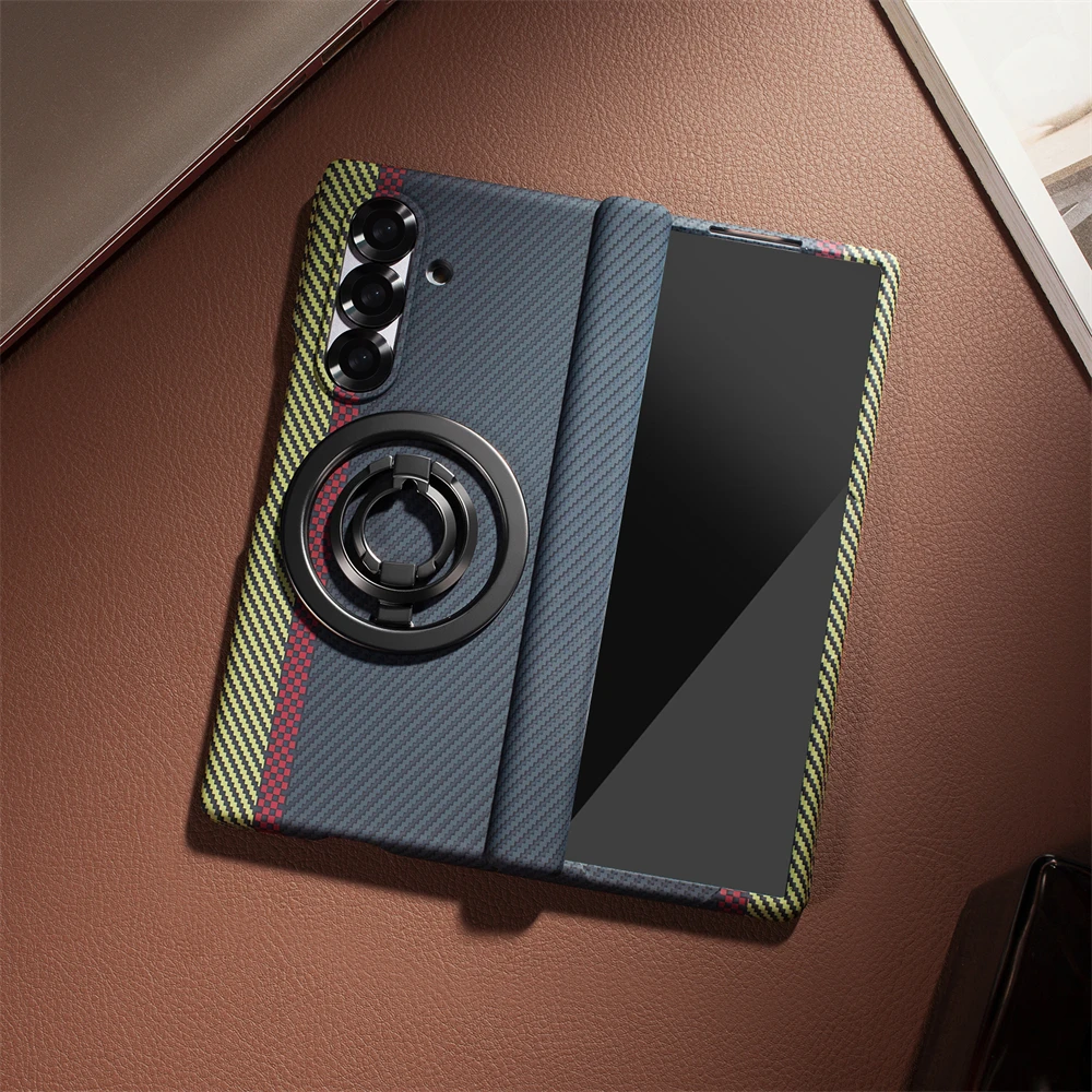 Carbon Fiber Texture Magsafe Case with Outer Screen Glass and Wireless Charging Hinge Holder