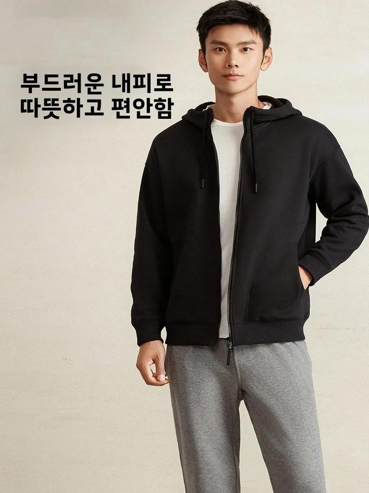 데카테론 플리스 안감 후드 재킷 남성용 겨울 두꺼운 따뜻한 캐주얼 지퍼 오픈 가디건 스웨트셔츠 폴리에스터 섬유