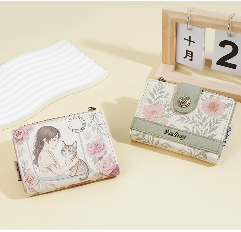 Neue frauen Kurze Brieftasche Blumen Druck Große Kapazität Karte Clips Foto Halter Modische Nette Zipper Geldbörsen Für Mädchen – Detail 10
