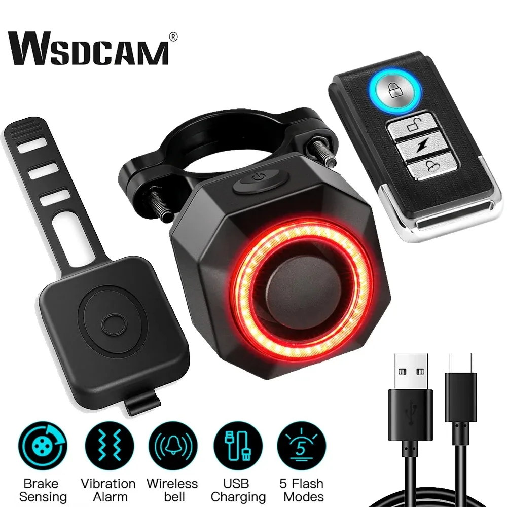 WSDCAM Bicycle Alarm Waterproof USB Charging Burglar Taillight Remote Control Motorcycle Alarm Security Protection 110dB motorcycle alarm bicycle alarm security alarm wireless alarm