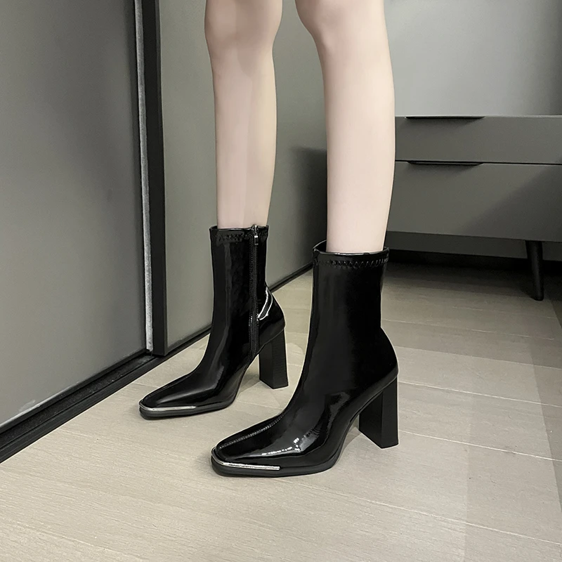 Women's Patent Leather Chunky Heels Ankle Boots