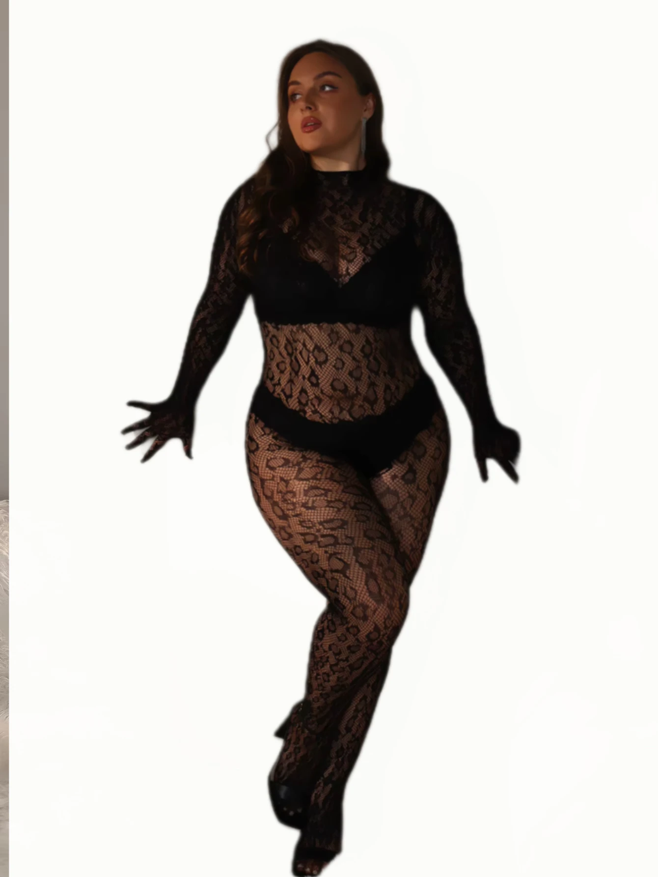 Plus Size Leopard Print Full Body Mesh Bodysuit Long Sleeve Gloves Footed Fishnet Sexy Lingerie Jumpsuit