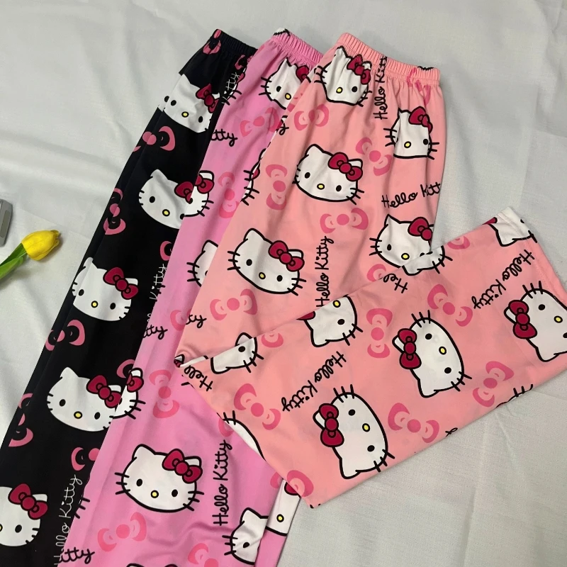 

Милая Пижама Sanrio с мультяшным Hello Kitty, летние тонкие женские штаны из полиэстера, Повседневная Домашняя одежда, летние штаны, подарок для девушки Y2K