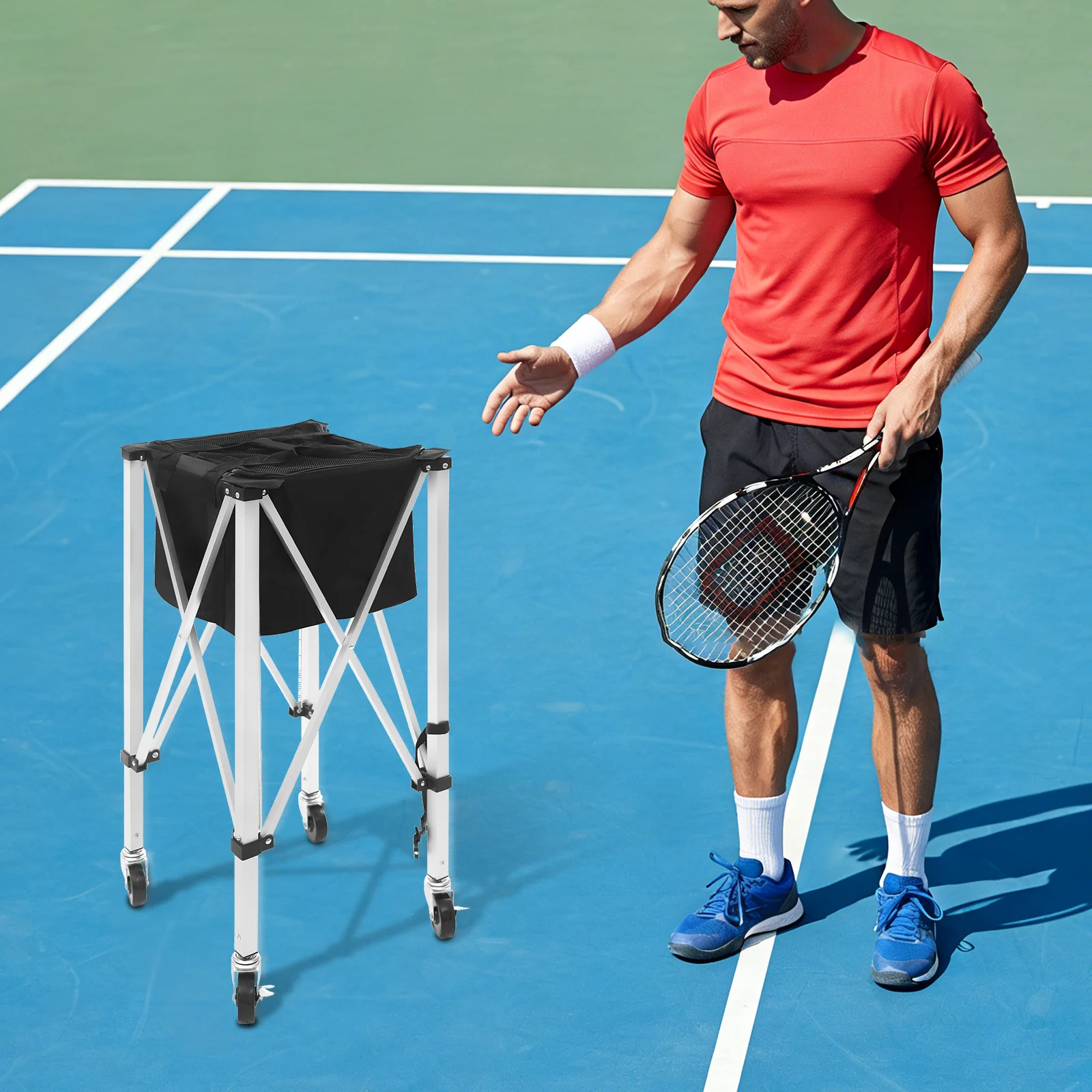 Tragbarer Tenniswagen, faltbarer Tennisballkorb, Tennisballträger, auf Rädern zum Aufbewahren von Badminton- und Baseballbällen – Detail 3