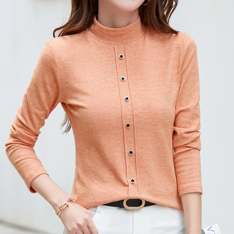 

Tee Shirt Femme 2023 Autumn Half High Collar Warm T Shirt For Women Korean Fashion Clothes Button Long Sleeve Top Tshirts Female