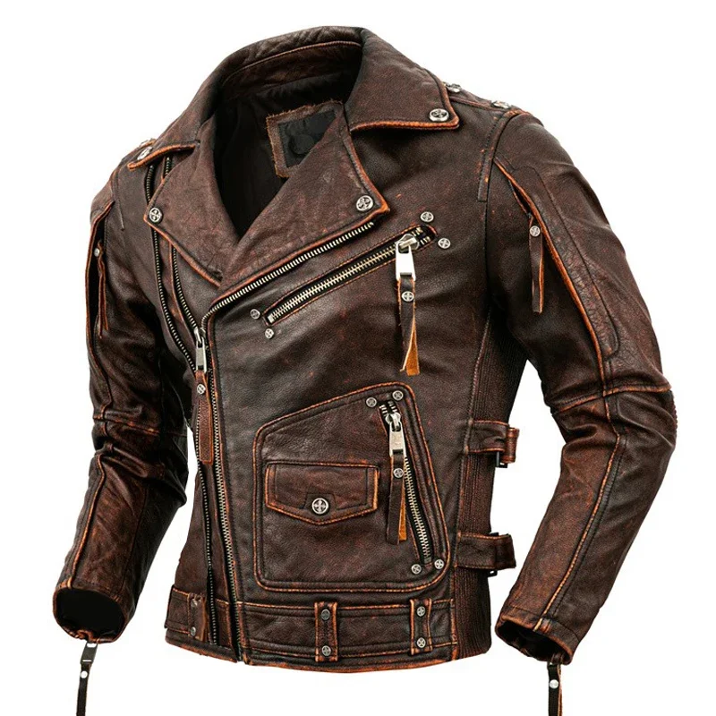 Men Slim Stone Milled Retro Jacket Motorcycle Cowhide Genuine Leather Jacket Calfskin Leather Coat Men Moto Biker Riding Clothes