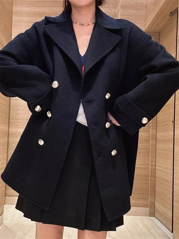 

2024 Spring New Women Coat Classic Double-Sided Woolen Preppy Style Double Breasted Ladies Notched Warm Jacket Outwear Tops