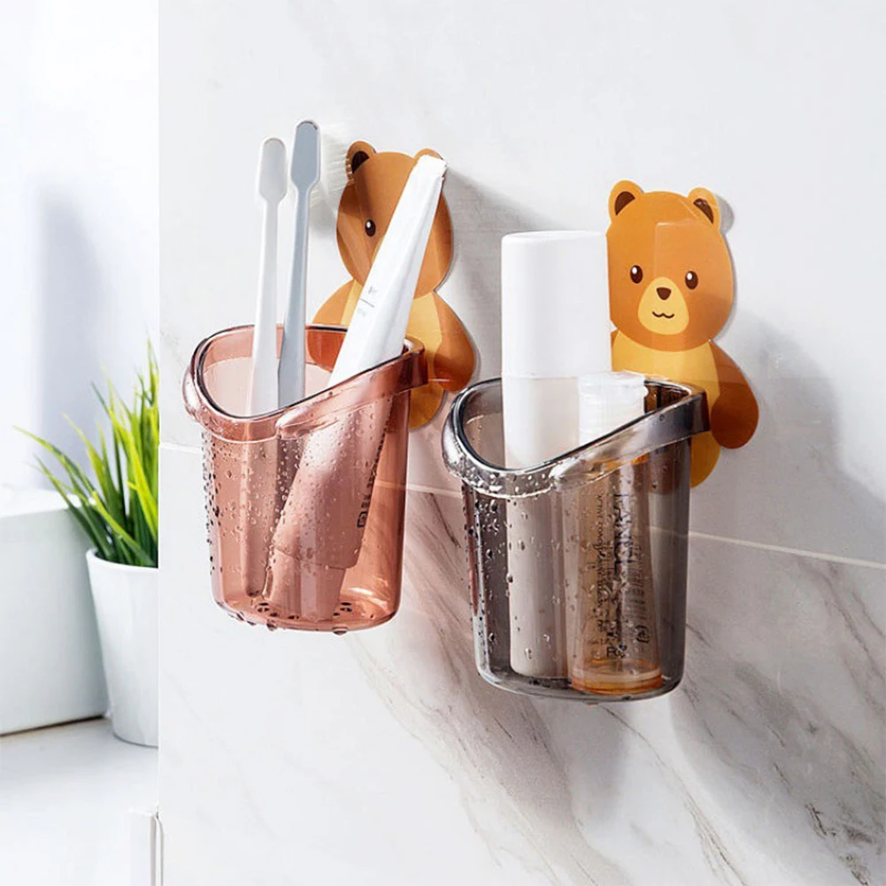 1pc Bear Storage Cup Wall Mount Toothbrush Toothpaste Cup Holder Case Bathroom Accessories