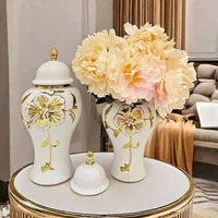 Ceramic Ginger Jar Sealed Storage Tank Flower Vase Decorated Checkmate Jar Golden Embossed Flower Chinese Vintage Bottle 2