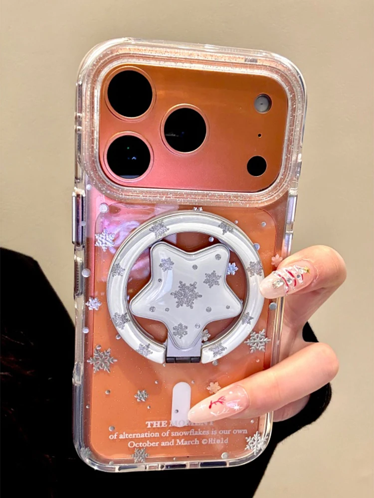 Elegant Bling Snowflake Star Magnetic Phone Stand Case with Wireless Charging Compatibility