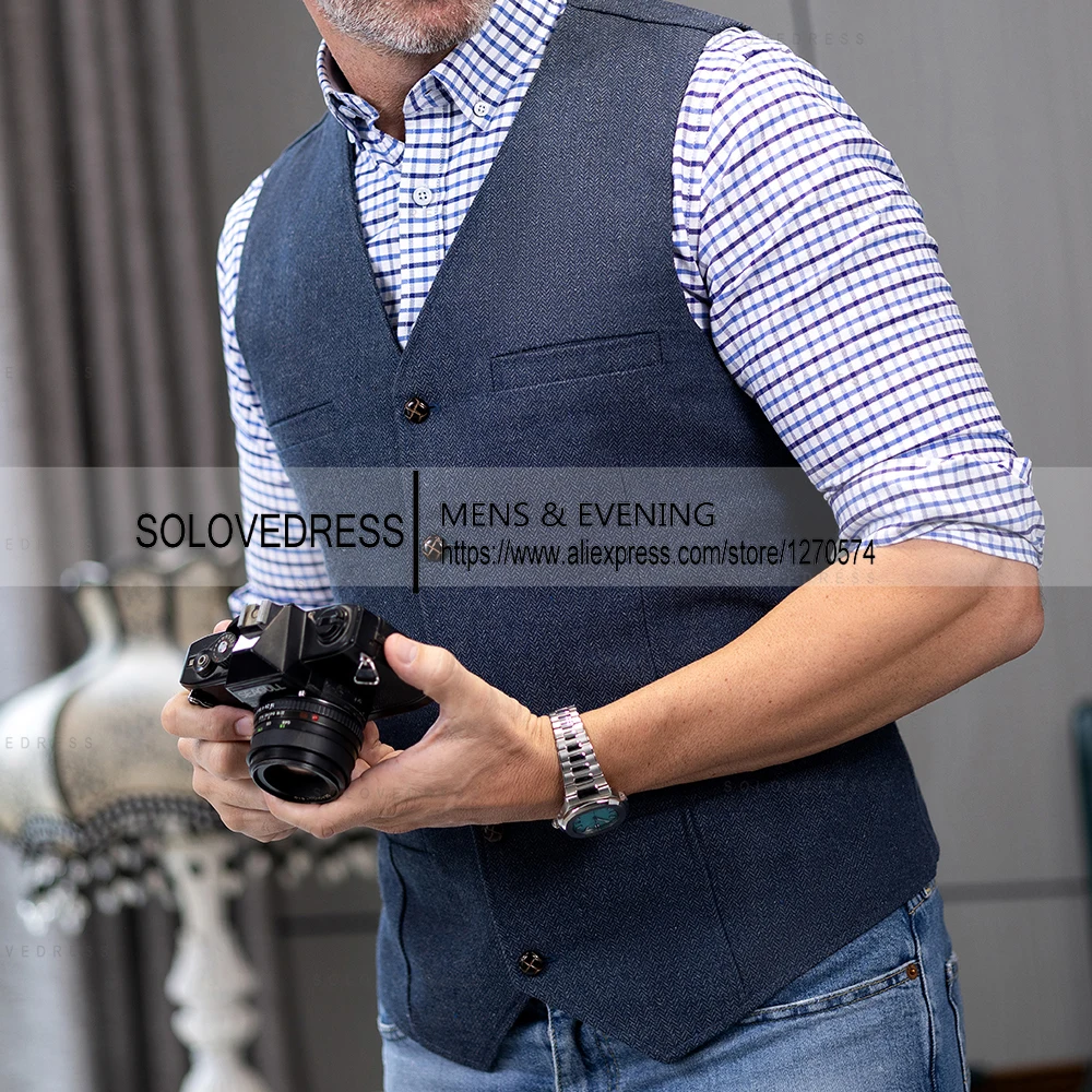 In Stock V Neck  Herringbone Tweed Slim Fit Business Waistcoat Men's Casual Classic Suit Vest  For Wedding 4
