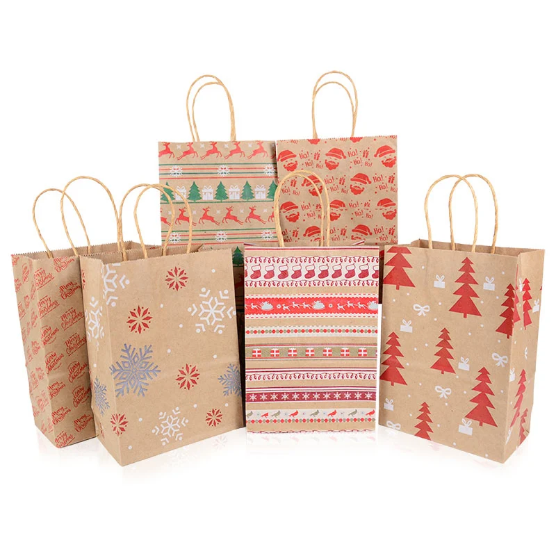 5 Stück Kraft-Geschenktüten mit Griff, Elch, Schneeflocke, Weihnachtsbaum, frohe Weihnachten, Gastgeschenke, Verpackungsbeutel, Navidad, Neujahr 2025 – Detail 1