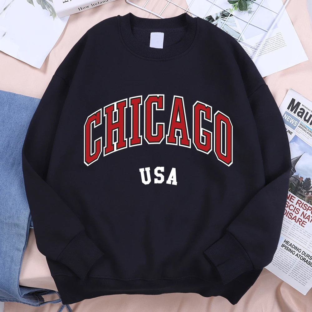 Męska bluza Chicago USA Classic City Graphic, luźny krój Harajuku, okrągły dekolt, polarowa bluza męska.