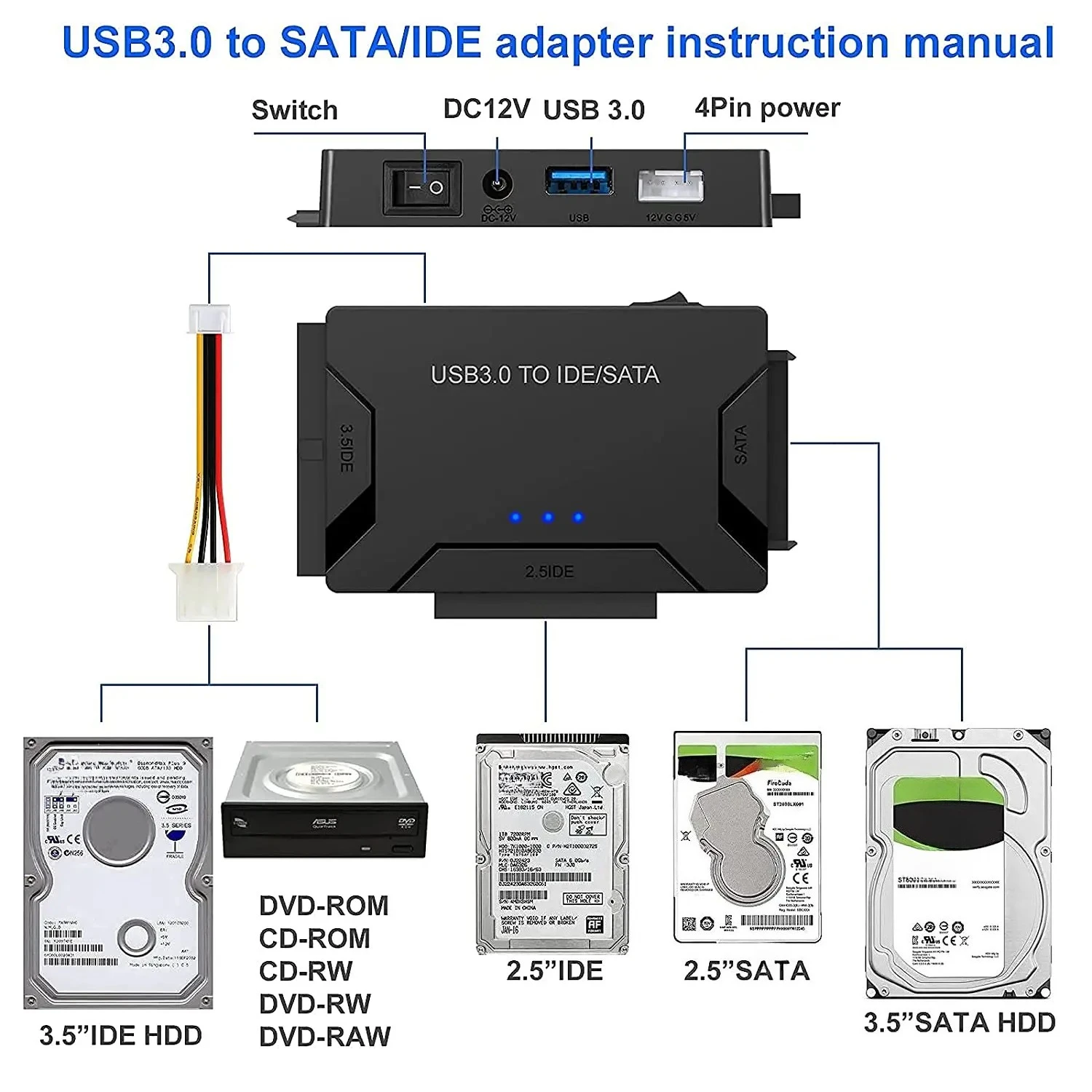 USB 3.0-SATA IDE 하드 디스크 어댑터 변환기 케이블(3.5 2.5인치 HDD/SSD CD DVD ROM CD-RW 3 in 1USB IDE SATA 어댑터)