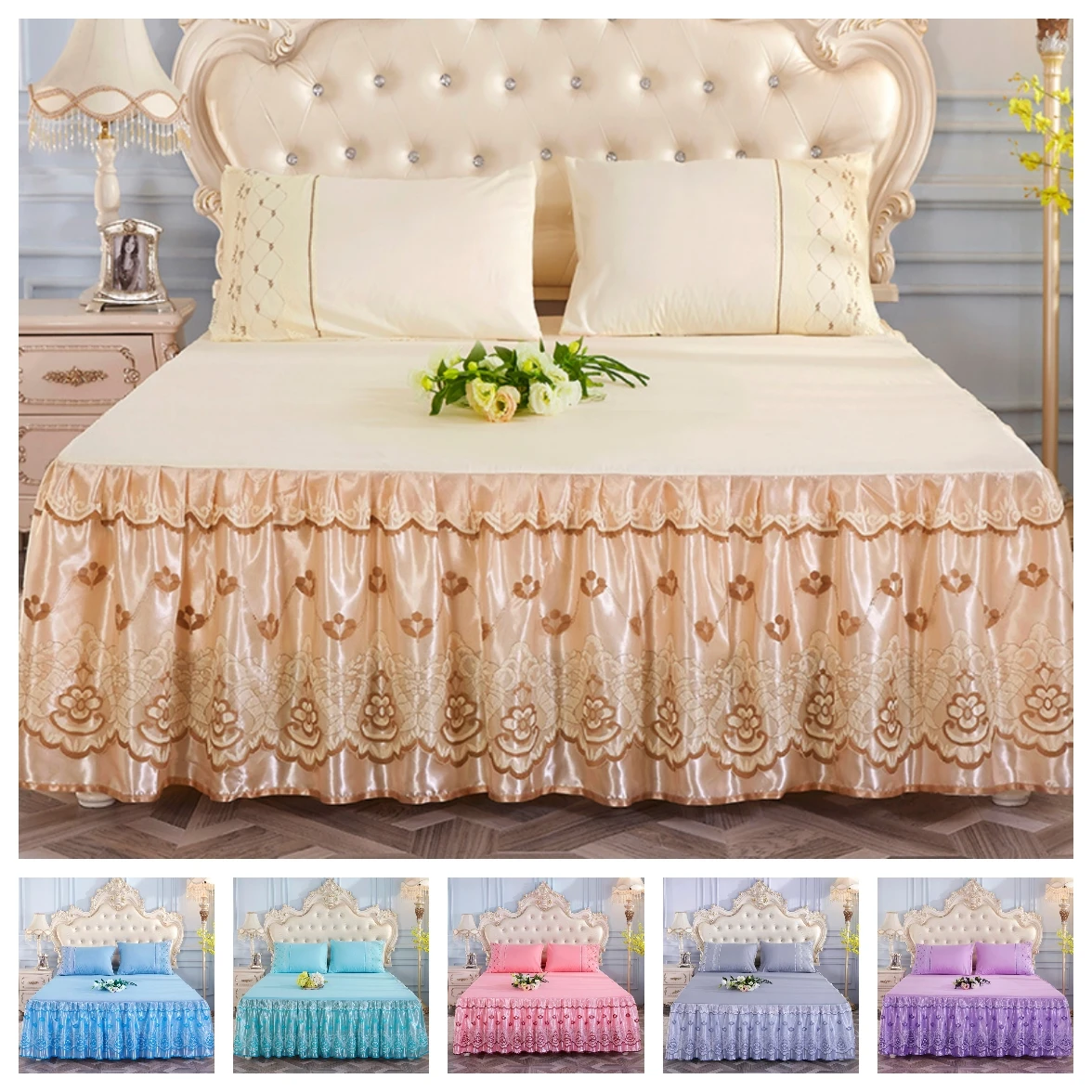 Queen/King Size Lace Bed Skirt Valance Pleated Bedding Skirt No Pillow Cases 