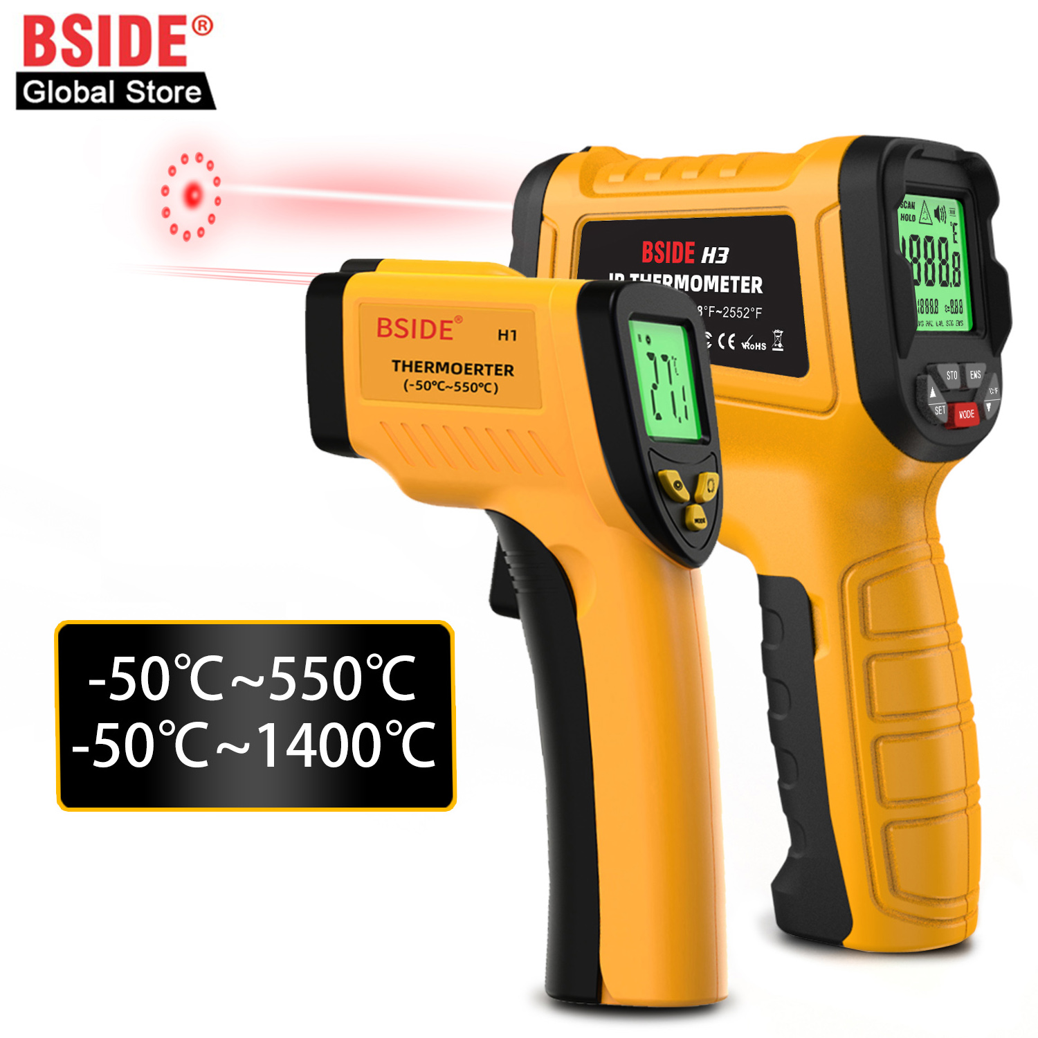BSIDE H3 Infrared Thermometer Gun -50~1400Â°C Handheld Digital Laser Industrial  Non Contact Temperature Measuring Tester Tools