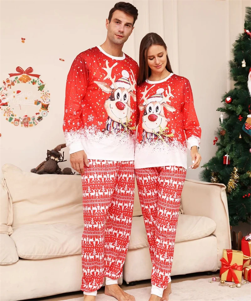 JIANGML Ensemble Pyjama Famille de Noël Pyjamas de Noël de la Famille pour  Femmes et Hommes en Coton Longs avec Imprimé Vêtement de Nuit Noel