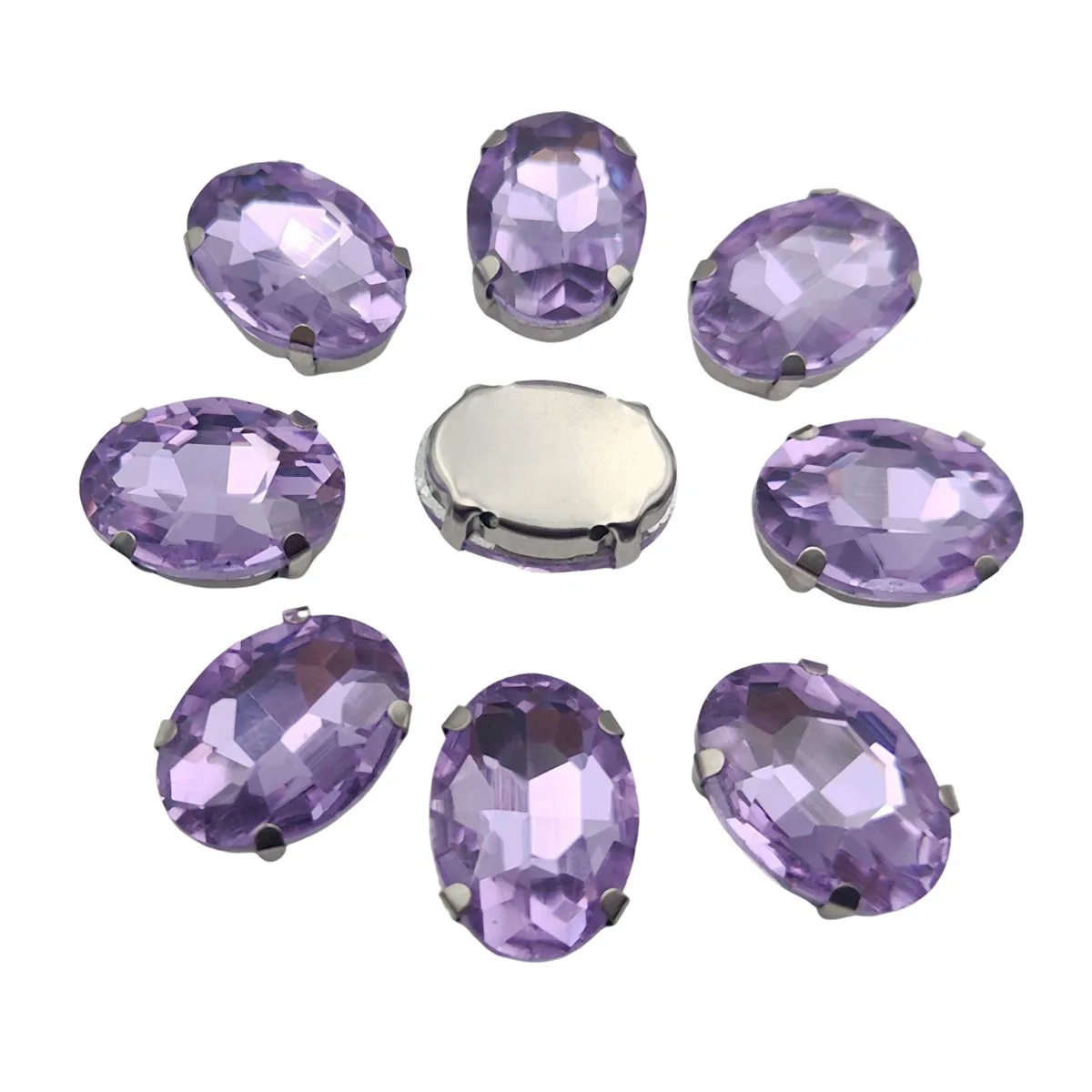 Oval Glass Rhinestones with Claw Setting on Silver Metal Base