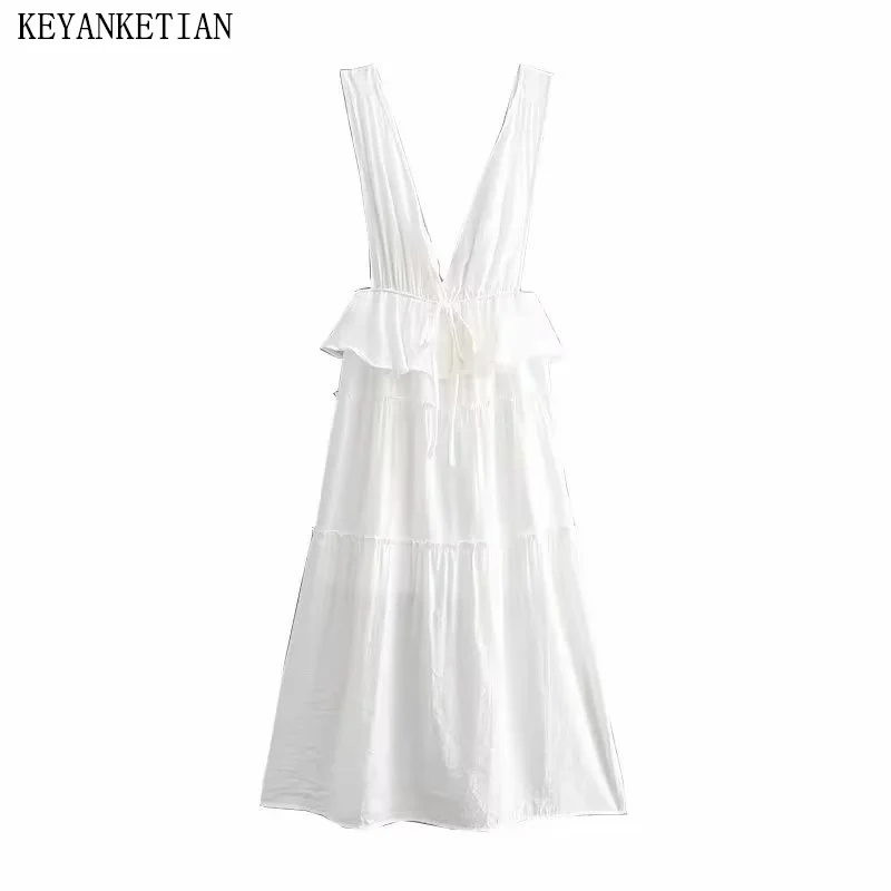 

KEYANKETIAN Summer New Women's Holiday Chic Lace-Up Dress Beachwear V-Neck Cascading Patchwork White Sleeveless Long MIDI Skirt