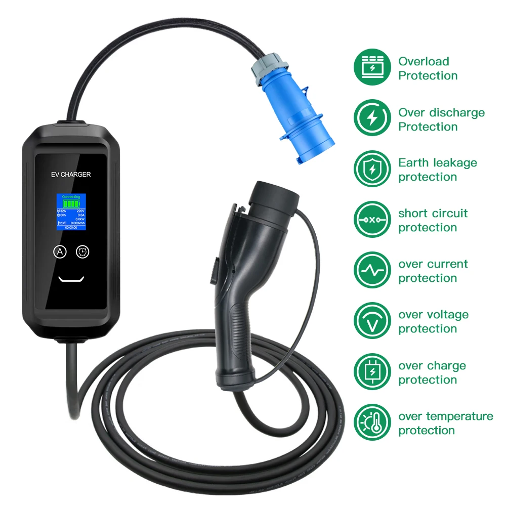 Chiefleed Adjustable EV Charger GBT Standard 16A3.6kw 32A 7.2kw With Schuko CEE Blue Power Plug 5m Long 220V Display Screen IP66