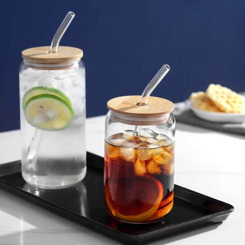 4pcsGlassTumblerswithBambooLidsandStrawsforCoffeeCocktails