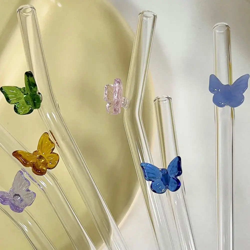 15cm Glass Straw Colorful Butterfly Design Straw Heat-Resistant Transparent Borosilicate Straws Cute Decor For Smoothies Juice
