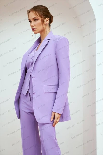 lavender Purple Women Suits Set Bow Wedding Blazer+Vest+Pants 3