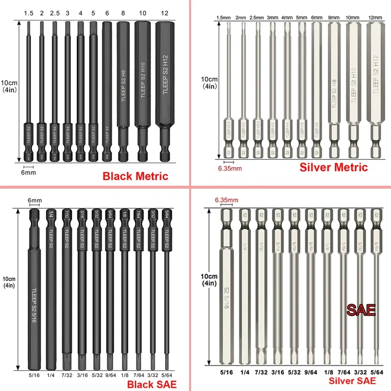 

10Pcs Hex Head Allen Screwdriver Bit Set Metric SAE Allen Wrench Drill Bits 100mm Length Hex Bit Set Magnetic Hex Key Socket Bit