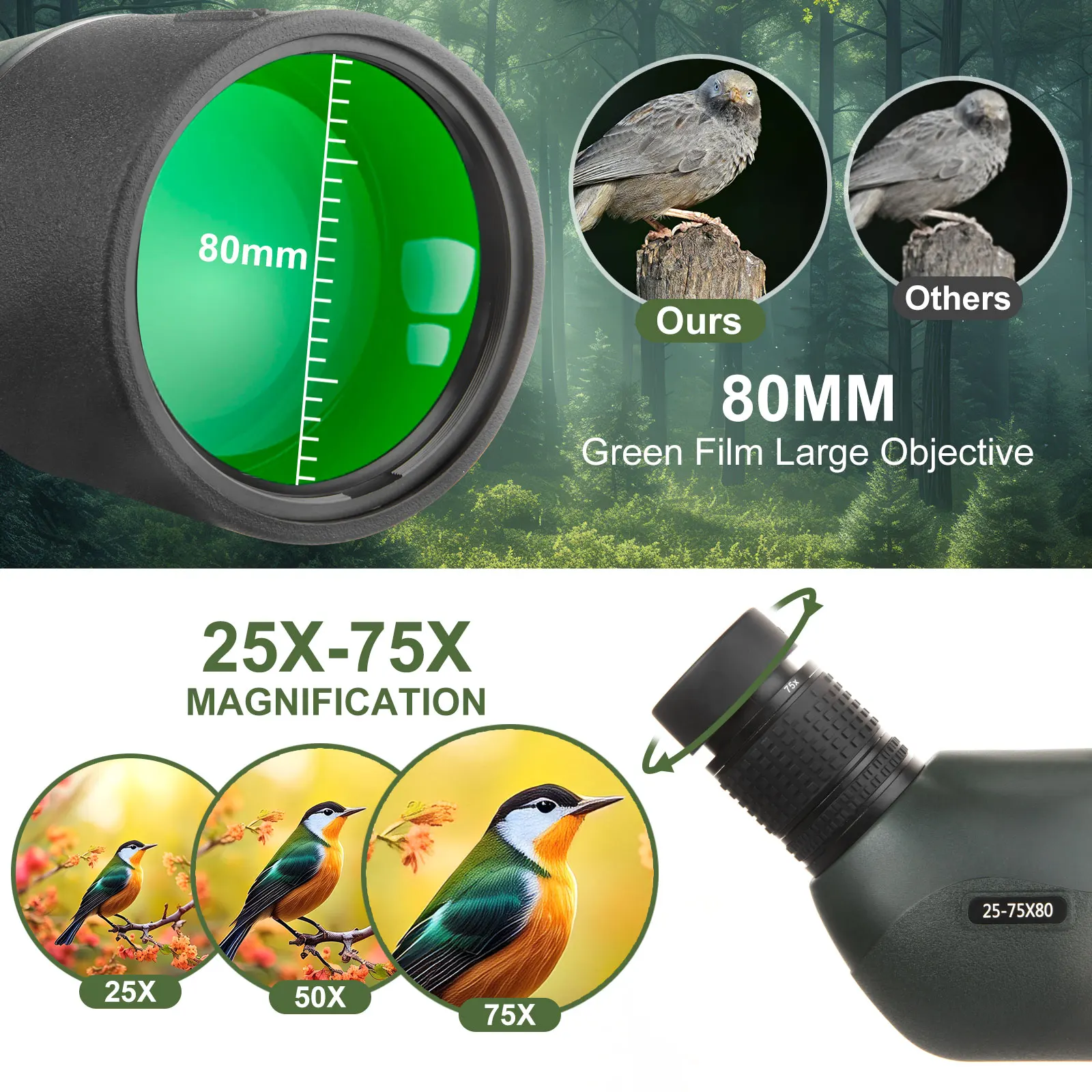25-75x80 Telescope Spotting Scope Large Field Powerful Zoom Monocular With Phone Adapter Tripod For Bird Watching Camping 2