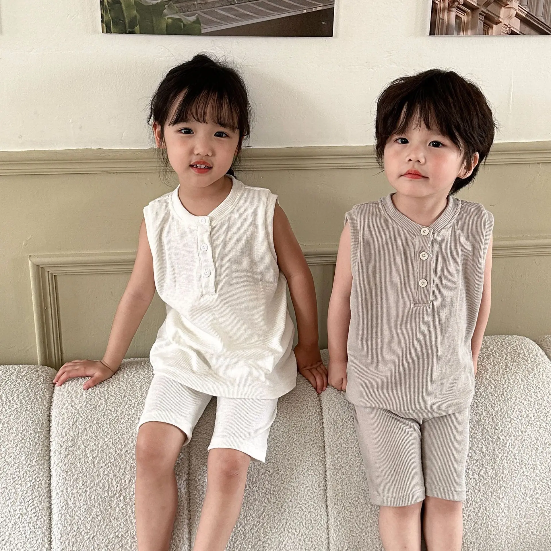

5035C Children Clothing Set 2023 Summer New Home Clothes Korea Elastic Boy's Pajamas Suit Vest+Pant Girl's Two-piece Suit